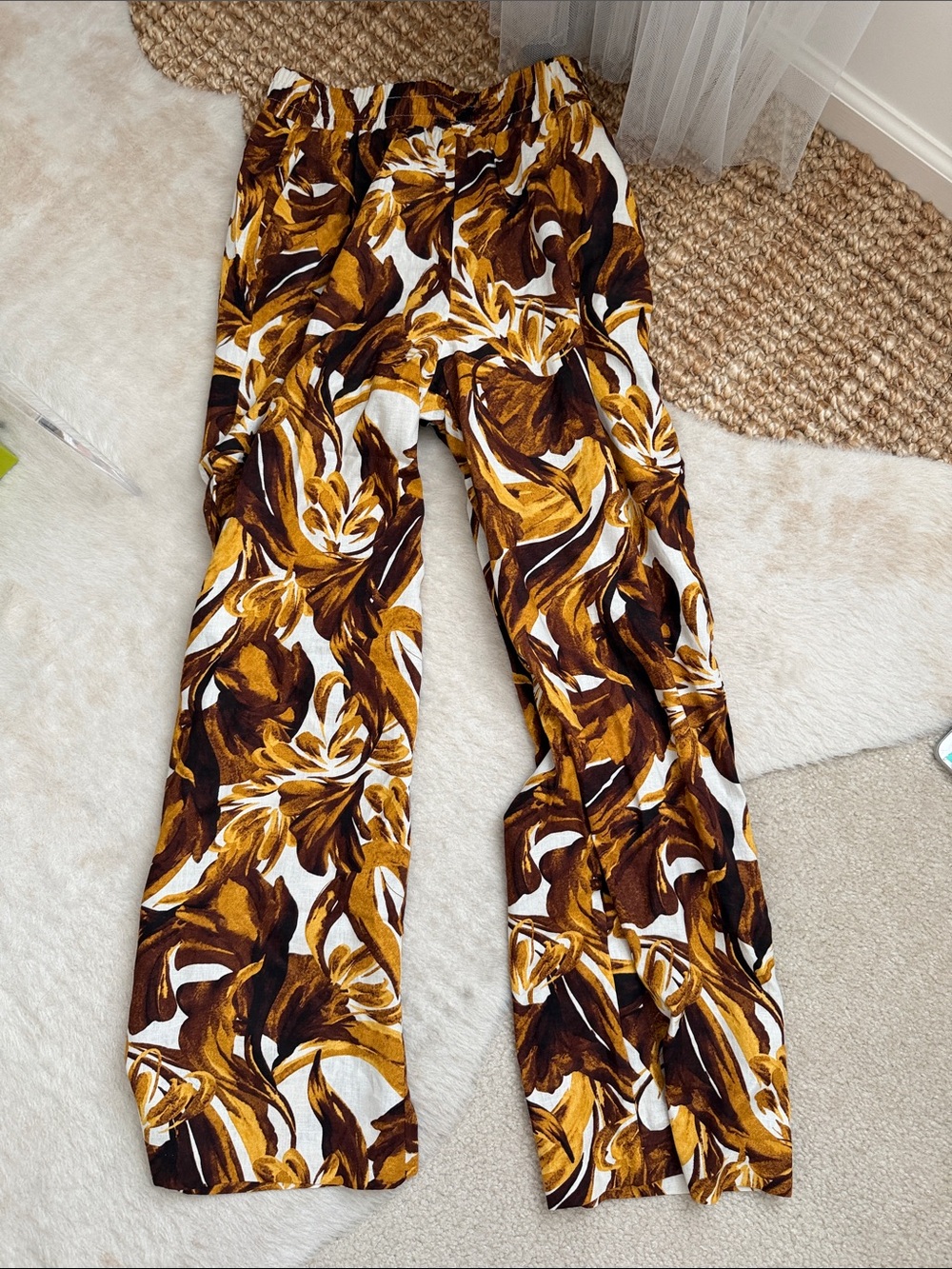 Express Summer-Blend Linen Printed High Waisted Pull On Wide Leg Pant